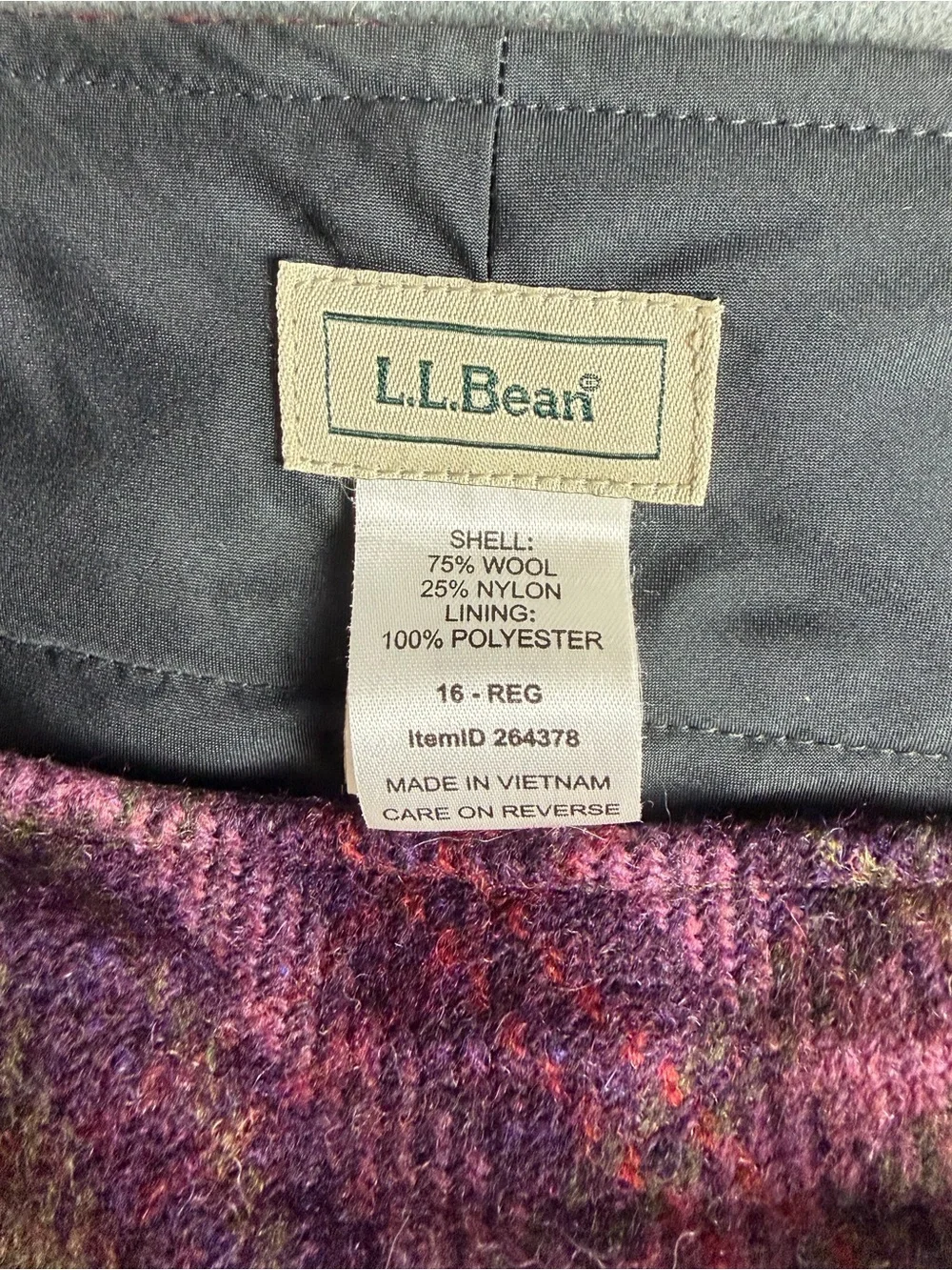 LL Bean Womens Sz 16 A-Line Purple Olive Plaid Wool Blend Skirt Lined, Side Zip